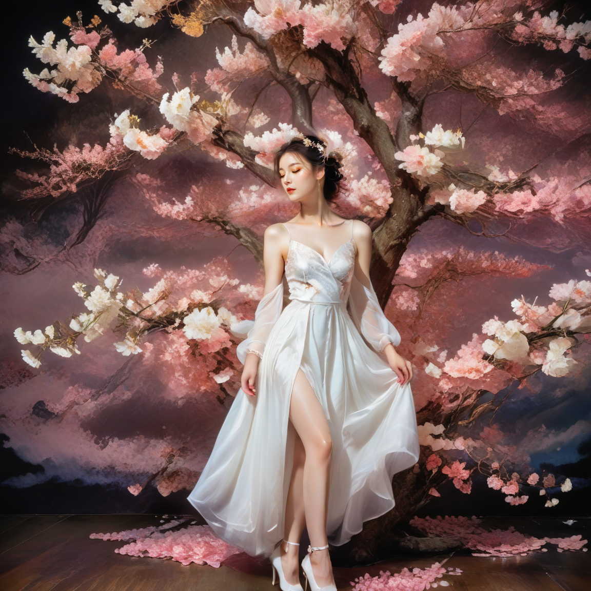 <lora:add-detail-xl:1.0>, 1girl, dress, solo, flower, white dress, cherry blossoms, closed eyes, hair ornament, tree, high heels <lora:LangV1:0.7>, <lora:RuanV1:0.6>,