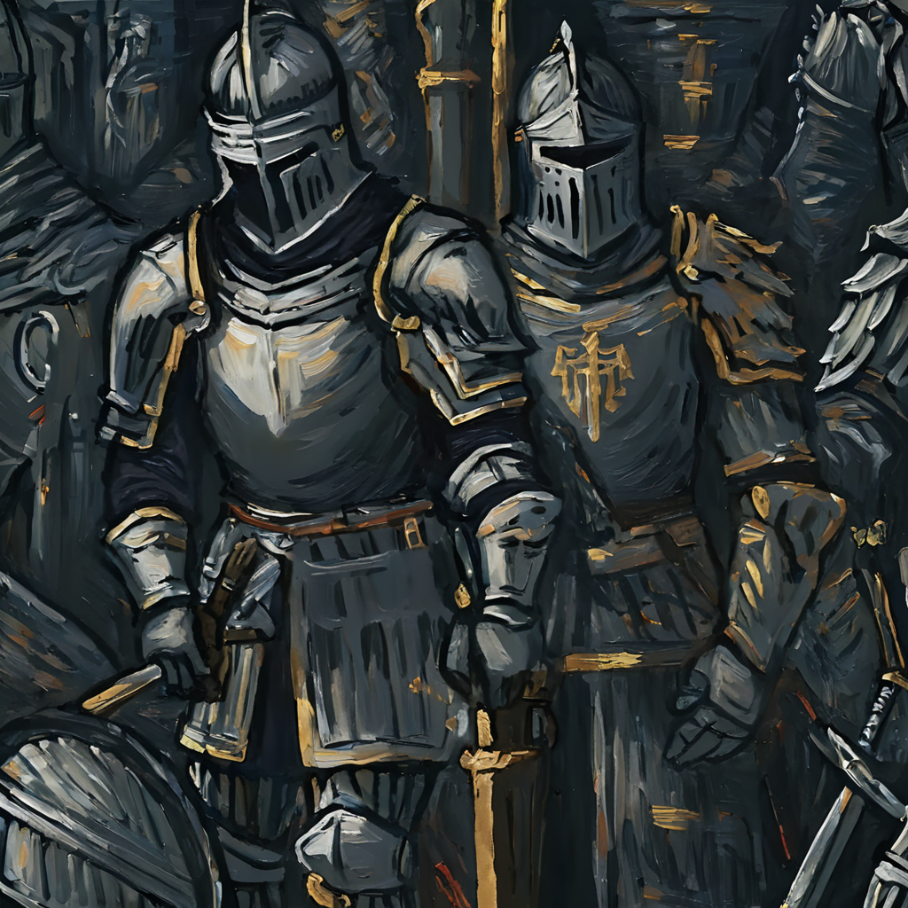 <lora:vncnt:1>, vncnt style, a medieval knight, dramatic, dark, dark souls, epic, high detail