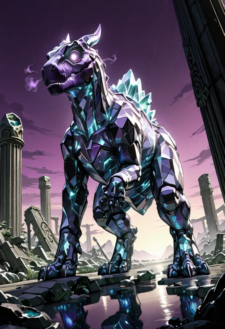 masterpiece, best quality, no humans,   ,<lora:CrystalKingDino_IXL:0.8>,  zzCrystalKing, violet crystal body, smooth reflective surface, glowing lines, glowing eyes, ancient floating ruins, stormy purple sky, stalking pose, dramatic angle, arcane lighting, mysterious atmosphere â Among ruins suspended in midair, the zzCrystalKing moves like a sentient monument. Its body, smooth and faceted in deep amethyst crystal, shimmers under a sky of swirling violet storms. Floating stone pillars crackle with energy as the creature passes, its glowing eyes scanning the skies for ancient threats. Light refracts in geometric patterns across its body, casting arcane glyphs across broken columns. The entire world holds its breath, unsure if the king has returned as a guardian or executioner.