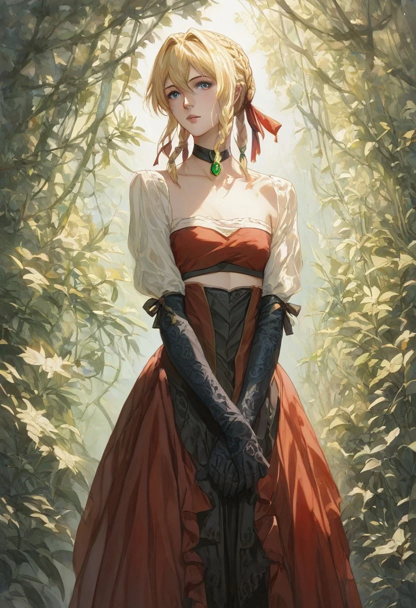 score_9, score_8_up, score_7_up, score_6_up,1girl, face ((cowboy shot)), solo, ((tube top)),violet evergarden, blonde hair, blue eyes, hair ribbon, ribbon, short hair, braids, hair braids, red ribbon, mature female, victorian dres, elegant dress, black and red dress, detailed, choker, crossing hands, black short gloves, black pantyhose, shoes,