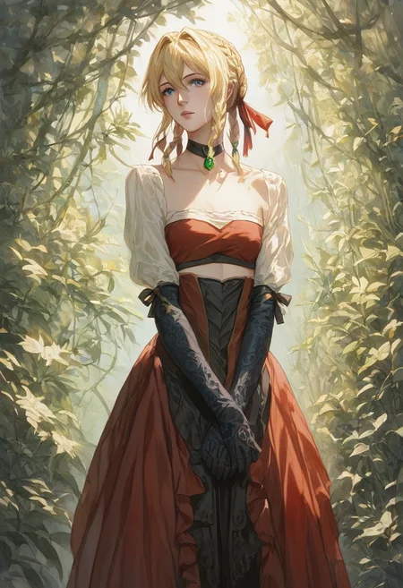 score_9, score_8_up, score_7_up, score_6_up,1girl, face ((cowboy shot)), solo, ((tube top)),violet evergarden, blonde hair, blue eyes, hair ribbon, ribbon, short hair, braids, hair braids, red ribbon, mature female, victorian dres, elegant dress, black and red dress, detailed, choker, crossing hands, black short gloves, black pantyhose, shoes,