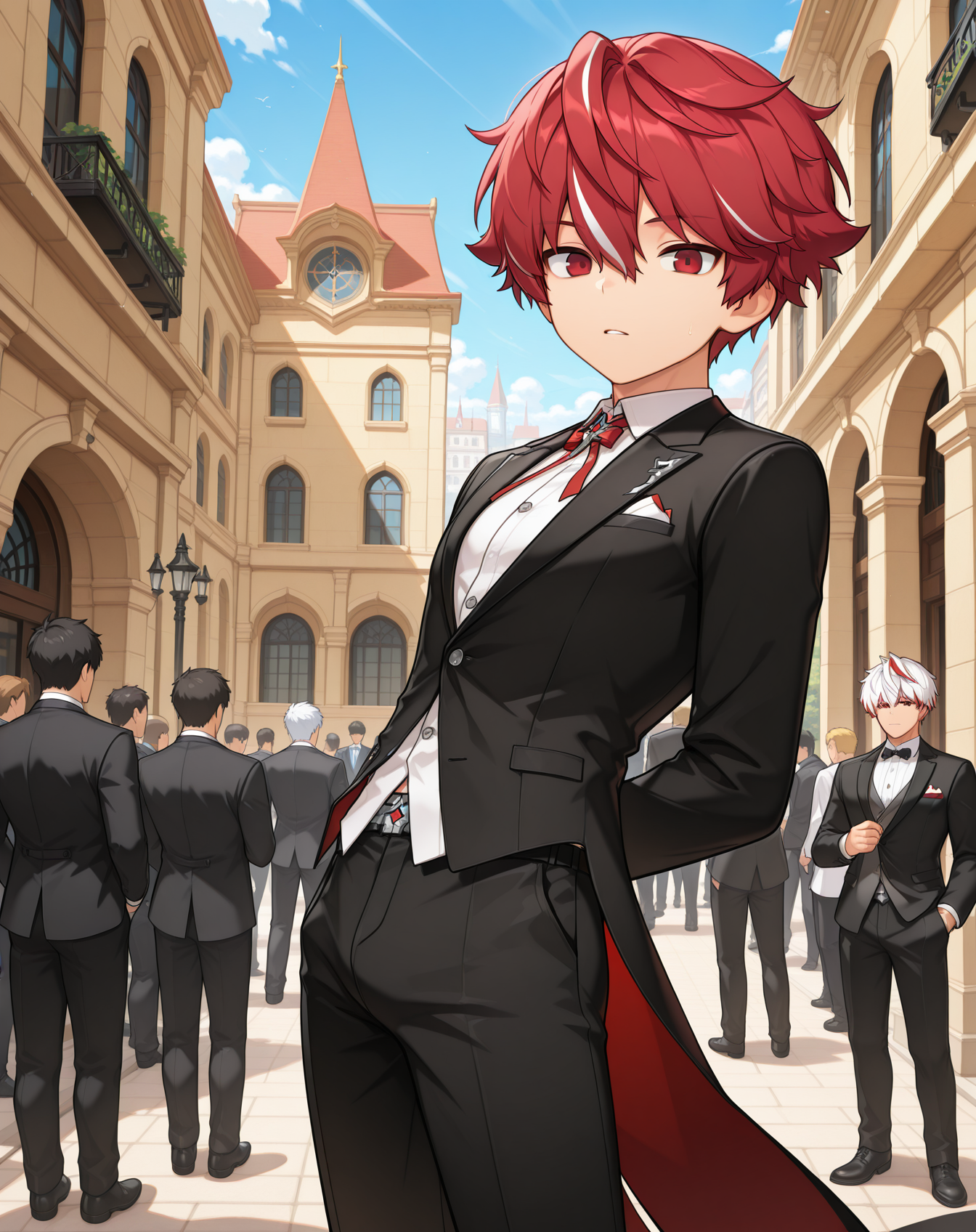 masterpiece,best quality,amazing quality, newest, very aesthetic, absurdres,
1boy, solo, yaoi, male focus, looking at viewer, cowboy shot, standing,
 <lora:Elsword_Sacred_Templar_ilxl:1> elswordst, red hair, red eyes, streaked hair, white hair, 
formal, tuxedo, neck ribbon, white shirt, collared shirt, black pants, shoes, black footwear, suit jacket, black jacket,
outdoors, day, blue sky, building, people,