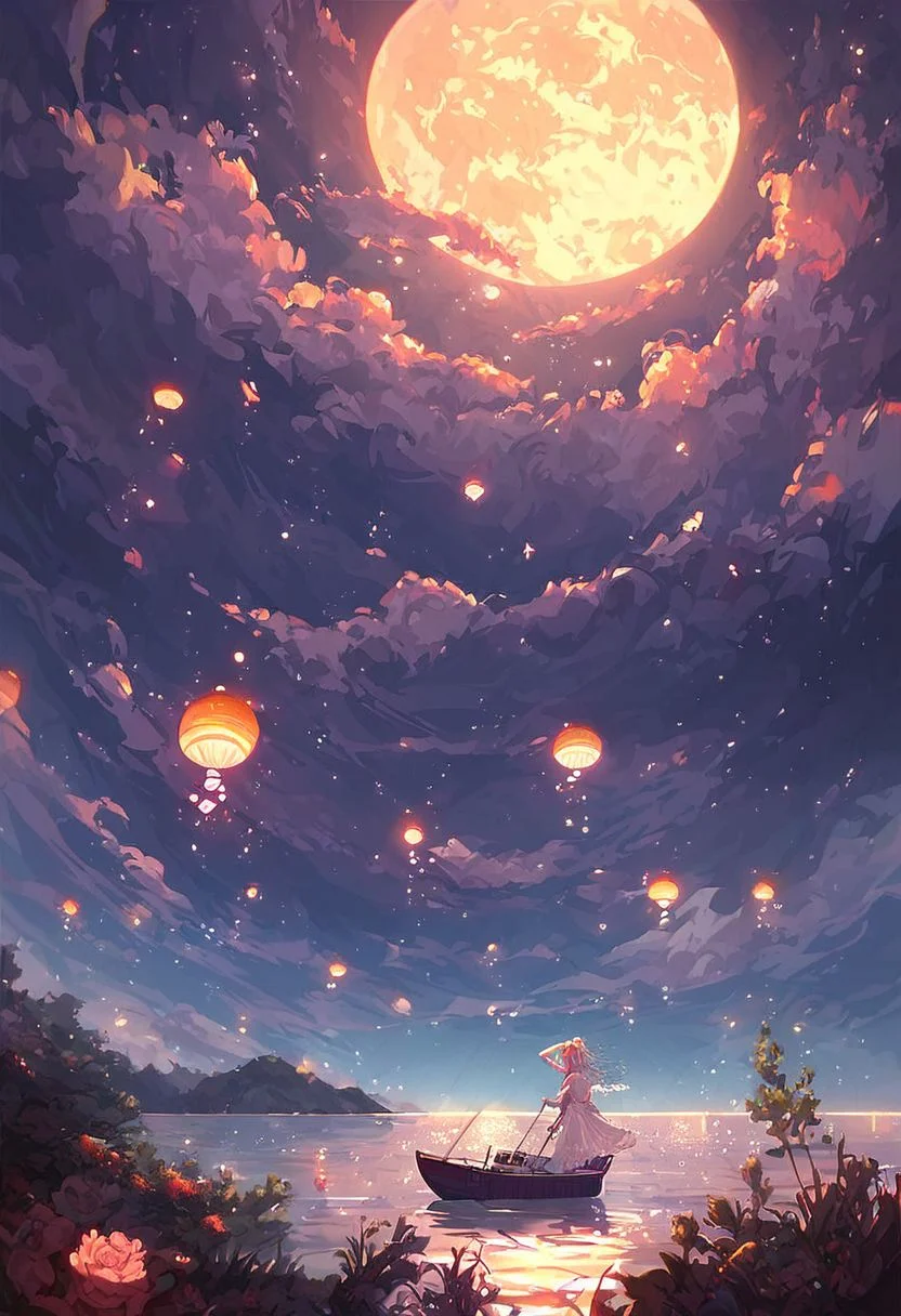 score_9, score_8_up, score_7_up, koi fishes, moon, night sky, water, beautiful, holy, calm, scenery, clouds, shower, boat, floating lanterns, landscape.
Longwang, vast ocean, dragons flying up.