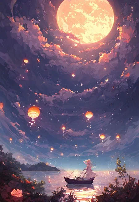 score_9, score_8_up, score_7_up, koi fishes, moon, night sky, water, beautiful, holy, calm, scenery, clouds, shower, boat, floating lanterns, landscape.
Longwang, vast ocean, dragons flying up.