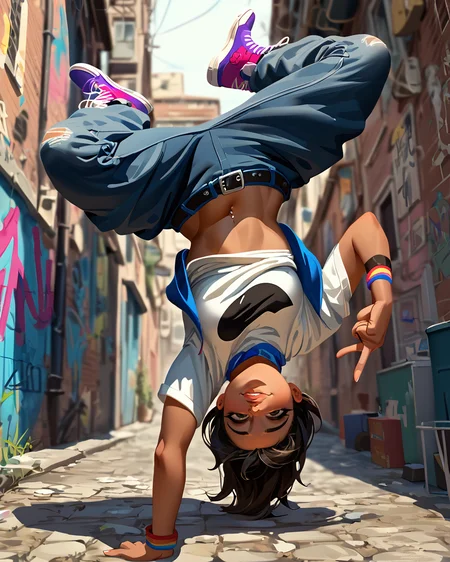 score_9, score_8_up, score_7_up, vibrant color, 1girl, <lora:bdancepxl:0.8>, bdancepxl, doing a handstand, one-handed, breakdance pose, motion,  spread legs, looking at viewer, upside down, shirt falling down, comic book, best quality, masterpiece, alley, hip-hop, graffiti, sneakers,  motion lines, smile, middle finger, gesture, cool outfit,