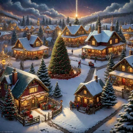 (((4k uhd))), (((high dynamic range:1.8))), ultra detailed, real photographic nikon z7, rich color, christmas tree farm 1920's, rockwell masterpiece, highly detailed environment, (((highly detailed objects:1.4))), disco elysium OverallDetail (Thomas Kinkade Style)