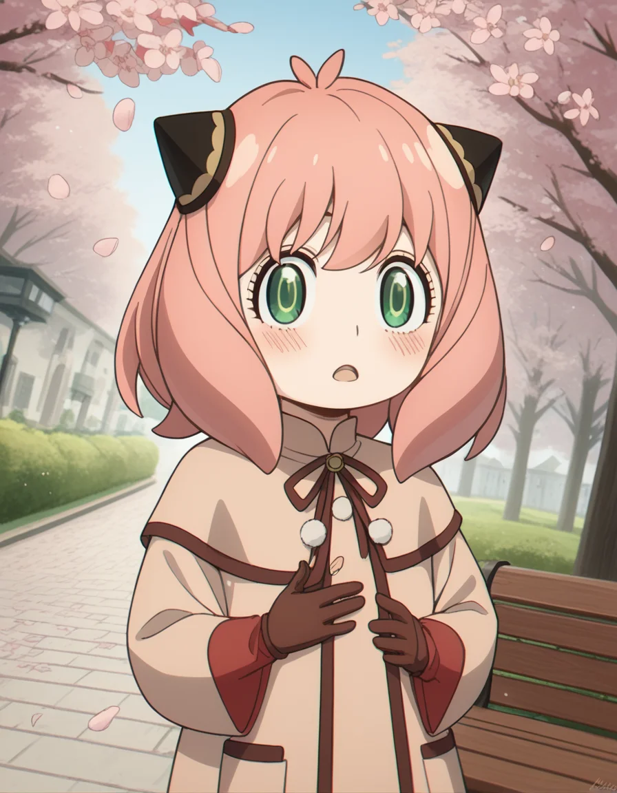 score_9, score_8_up, score_7_up, source_anime, <lora:anya-forger-movie-ponyxl-lora-nochekaiser:1>, anya forger, anya (spy x family), bangs, green eyes, pink hair, ahoge, child, female child, hairpods,, gloves, long sleeves, ribbon, brown gloves, capelet, robe,, park, cherry blossoms, bench, gentle breeze, peaceful, running, open mouth,, , looking at viewer, hand on stomach, blush,, solo,, cowboy shot, dutch angle,