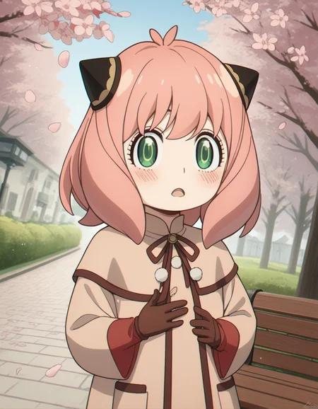 score_9, score_8_up, score_7_up, source_anime, <lora:anya-forger-movie-ponyxl-lora-nochekaiser:1>, anya forger, anya (spy x family), bangs, green eyes, pink hair, ahoge, child, female child, hairpods,, gloves, long sleeves, ribbon, brown gloves, capelet, robe,, park, cherry blossoms, bench, gentle breeze, peaceful, running, open mouth,, , looking at viewer, hand on stomach, blush,, solo,, cowboy shot, dutch angle,