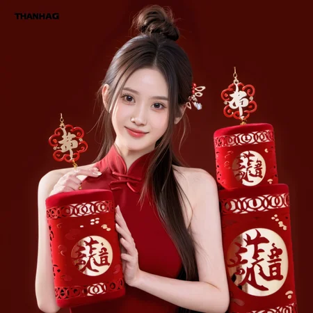 longnianhao,long2, 1girl, solo, long hair, dress, chinese clothes, red background, holding, red dress, looking at viewer, hair ornament, china dress, brown hair, upper body, black hair, realistic, sleeveless, hair bun, head tilt, bare shoulders, simple background, gift, sleeveless dress, box, single hair bun, artist name, holding gift<lora:longnianhaosdxl-000010:0.8>