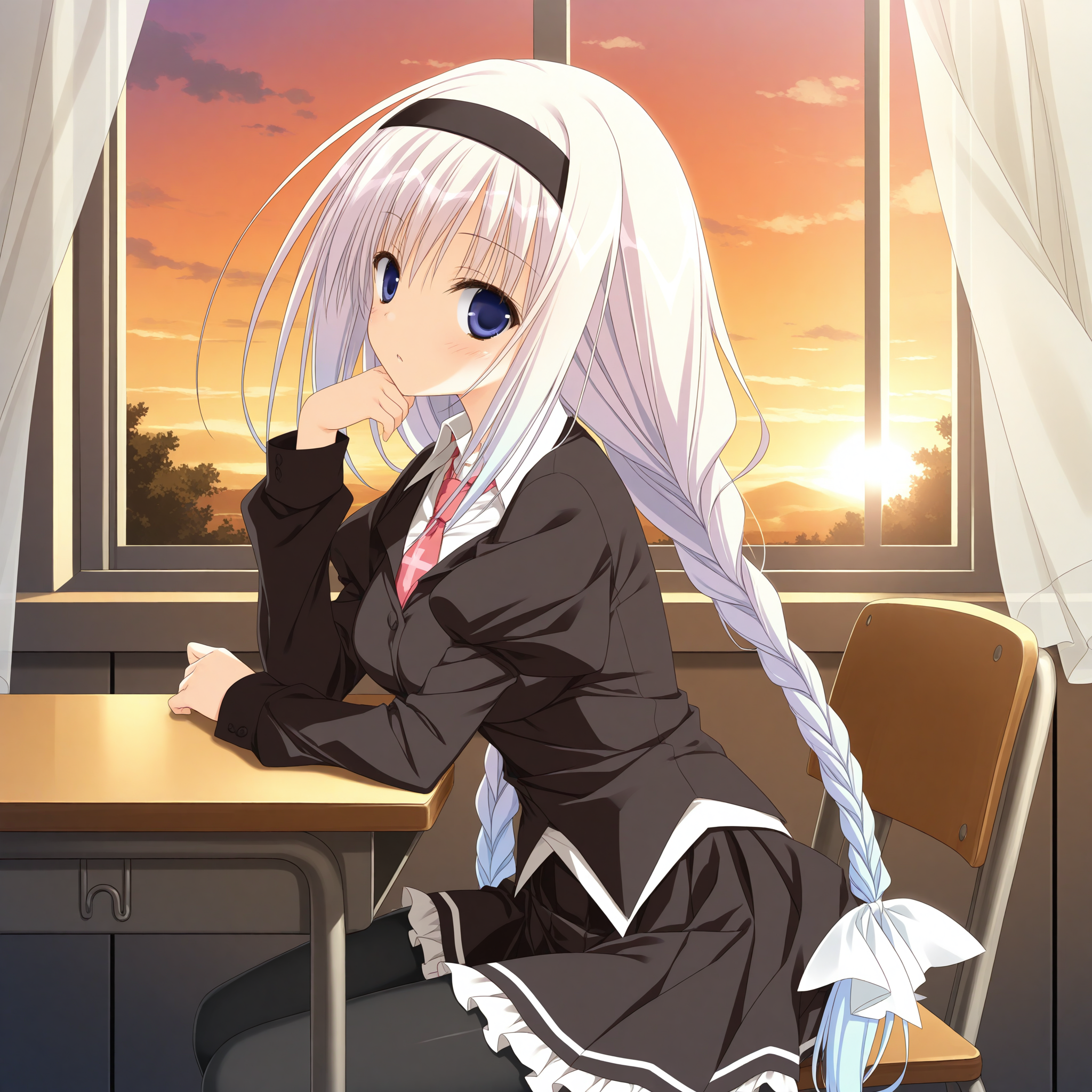 <lora:Hikawa_Rina_Uta_1_nai-000038:1>,Hikawa Rina,
twin braids,black hairband,hair bow,white bow,school uniform,black pantyhose,white shirt,black jacket,frilled skirt,black skirt,white frills,juliet sleeves,red necktie,cross,puffy long sleeves,pleated skirt,collared shirt,
BREAK
1girl,solo,looking at viewer,sitting,from side,arm support,on chair,desk,indoors,window,curtains,day,arm on table,sunset,