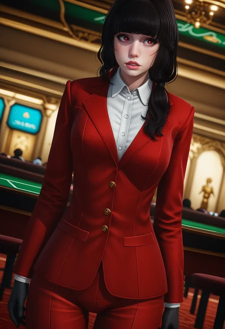 score_9, score_8_up, score_7_up,
1girl, solo, suit:red jacket:wing collar:red pants:white shirt, black gloves. low twintails.
indoors, dark, casino, looking to the side, parted lips, wide shot, dutch angle, depth of field,
<lora:Dark_Luna_Pony_v1.0:0.9> d4rklun4, red eyes,