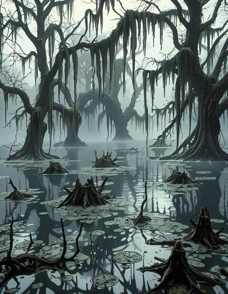A dark and eerie swamp shrouded in thick mist, with twisted, gnarled trees rising from the murky water. Their bare branches reach out like skeletal fingers, draped in long, hanging moss. The water is still, reflecting the dim, overcast sky, with occasional ripples hinting at unseen movements beneath the surface. In the distance, decaying wooden structures, possibly remnants of an abandoned cabin or pier, are partially submerged and covered in moss. The air feels heavy and damp, filled with an eerie silence except for the occasional distant croak of a frog or the rustling of unseen creatures. Faint, ghostly lights hover above the water, casting an unnatural glow. The atmosphere is ominous and foreboding, evoking a sense of mystery and unease.
<lora:SDXLFaeTastic2400:0.4> <lora:extremely_detailed:0.4> extremely detailed, <lora:0m1n0us_sw4mp_ill:1>,0m1n0us sw4mp, Masterpiece,best quality,hi res,8k,hi res,8k,award winning,(sharp focus, intricate, highly detailed),
