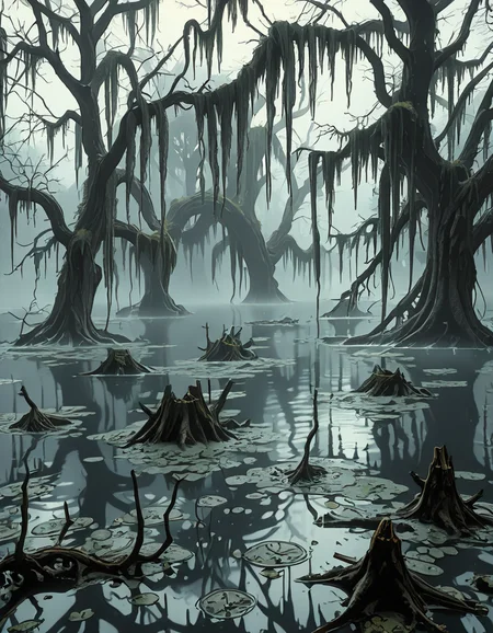 A dark and eerie swamp shrouded in thick mist, with twisted, gnarled trees rising from the murky water. Their bare branches reach out like skeletal fingers, draped in long, hanging moss. The water is still, reflecting the dim, overcast sky, with occasional ripples hinting at unseen movements beneath the surface. In the distance, decaying wooden structures, possibly remnants of an abandoned cabin or pier, are partially submerged and covered in moss. The air feels heavy and damp, filled with an eerie silence except for the occasional distant croak of a frog or the rustling of unseen creatures. Faint, ghostly lights hover above the water, casting an unnatural glow. The atmosphere is ominous and foreboding, evoking a sense of mystery and unease.
<lora:SDXLFaeTastic2400:0.4> <lora:extremely_detailed:0.4> extremely detailed, <lora:0m1n0us_sw4mp_ill:1>,0m1n0us sw4mp, Masterpiece,best quality,hi res,8k,hi res,8k,award winning,(sharp focus, intricate, highly detailed),