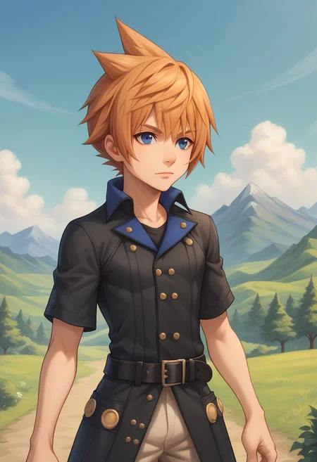 score_9, score_8_up, score_7_up, source_anime, highly detailed,
lannff,
solo, 1boy, male focus, spiked hair, blue eyes, belt, orange hair, standing, buttons, coat, pants, short sleeves, buckle, black coat, belt buckle, upper body,
outdoor, sky, mountains, trees, clouds