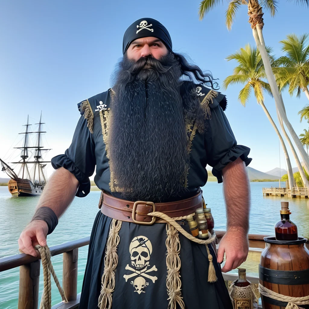 powerbeard, pirate captain, 17th century, long black wig, tall, burly, black hair, hairy arms, galleon, standing on main deck, skull and crossbones flag, jolly roger, rigging, rope coil, half full antique rum bottles, tropical inlet, aqua water, sun reflections on water, late afternoon, palm trees, distant mountains, detailed background, shadows<lora:Power_Beards:1>