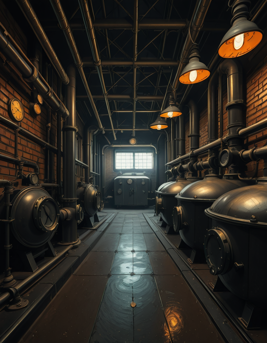 A highly detailed and realistic photograph of an industrial boiler room filled with large metal boilers, complex pipe systems, and pressure gauges. The room is dimly lit with a mix of warm yellow lighting from overhead industrial lamps and cool blue reflections from metallic surfaces. The air is slightly hazy with steam escaping from some of the pipes. The floor is made of reinforced concrete with visible stains from oil and water. Various control panels with blinking LED indicators and warning signs are mounted on the walls. The atmosphere is rugged and mechanical, evoking a sense of power and industrial efficiency. The depth of field is sharp, capturing intricate details such as rust on old pipes, the texture of the metal surfaces, and the labels on the control panels. The composition emphasizes symmetry, with pipes and machinery creating a structured, almost futuristic aesthetic.
<lora:SDXLFaeTastic2400:0.4> <lora:extremely_detailed:0.4> extremely detailed, <lora:industrial_boiler_room-i:1>,industrial b01l3r r00m, Masterpiece,best quality,hi res,8k,hi res,8k,award winning,(sharp focus, intricate, highly detailed),