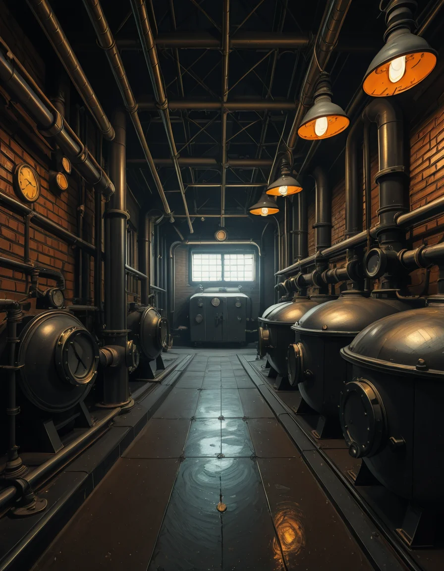 A highly detailed and realistic photograph of an industrial boiler room filled with large metal boilers, complex pipe systems, and pressure gauges. The room is dimly lit with a mix of warm yellow lighting from overhead industrial lamps and cool blue reflections from metallic surfaces. The air is slightly hazy with steam escaping from some of the pipes. The floor is made of reinforced concrete with visible stains from oil and water. Various control panels with blinking LED indicators and warning signs are mounted on the walls. The atmosphere is rugged and mechanical, evoking a sense of power and industrial efficiency. The depth of field is sharp, capturing intricate details such as rust on old pipes, the texture of the metal surfaces, and the labels on the control panels. The composition emphasizes symmetry, with pipes and machinery creating a structured, almost futuristic aesthetic.
<lora:SDXLFaeTastic2400:0.4> <lora:extremely_detailed:0.4> extremely detailed, <lora:industrial_boiler_room-i:1>,industrial b01l3r r00m, Masterpiece,best quality,hi res,8k,hi res,8k,award winning,(sharp focus, intricate, highly detailed),