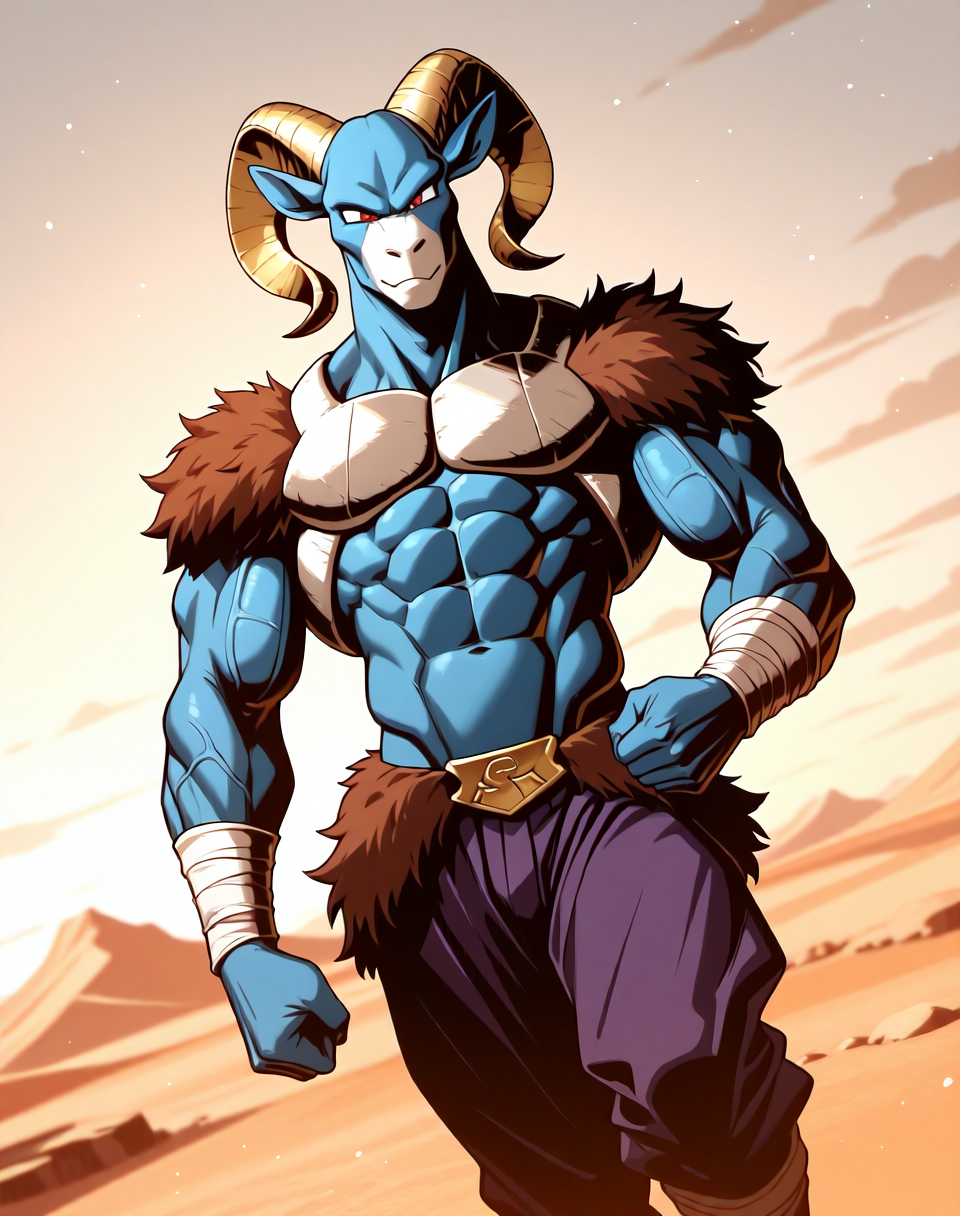 <lora:Moro_3rd_Form_(Dragonball_Z)_(Illustrious)_(AD):1.3> Moro, muscular, goat, 
((
dutch angle, exterior, desert, sky with detailed clouds, 
male focus, gradient coloring, solo, cowboy shot, bent leg, perfect proportions, hyper muscular, veiny muscles, goat head, blue body, sexy, large shoulders, large biceps, large thighs, abs, soft shading, 
)), 
BREAK very awe, aesthetically pleasing, masterpiece, best quality, amazing quality, very aesthetic, perfect depth of field shot, in'ei, furry_art, source_furry, source_anime, 
EZRealPONYXL, zPDXL, Smooth Quality, lazympos, IllustQualXL_Pos,