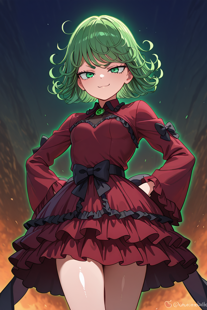 masterpiece, best quality, 1girl, solo, beautiful eyes, zzTatsumaki, green eyes, green hair, <lora:TatsumakiIXL:1.0>,<lora:LFashionIXL_v2:1.0>, zzLFashion, frilled dress, frills, bow, dress, cowboy shot, hand on hip, smug, smile, looking at viewer, shiny skin,
