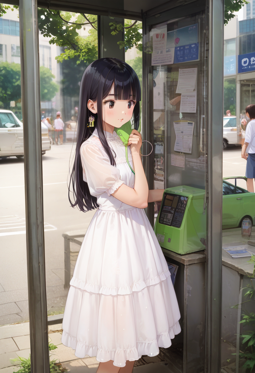 score_9, score_8_up, score_7_up, rating_safe, masterpiece, best quality, absurdres, unity 8k wallpaper, official art, official style, source_anime, uncensored, game cg, megami magazine,
telephone box, 1girl, black hair, phone, realistic, holding, long hair, white dress, holding phone, dress, outdoors, bangs, day, talking on phone, blunt bangs
 <lora:DenwaBoxJP_PONY_V1:1>