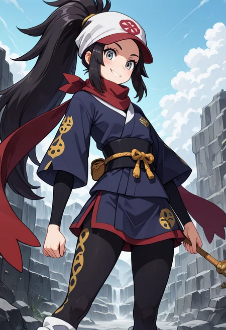 (masterpiece, best quality, good quality, very aesthetic, absurdres, newest:1.2),  zzAkari, grey eyes, eyelashes, black hair, long hair, white headwear, sidelocks, ponytail, black pantyhose, black undershirt, jacket, loose socks, pantyhose, red scarf, sash,  ,<lora:AkariPokemon_IXL_v2:1.0>,, smile, looking at viewer, cowboy shot,  <lora:HaradaTakehito_NAI:0.8>, <lora:ZankuroStyle_NAI:0.5>,
