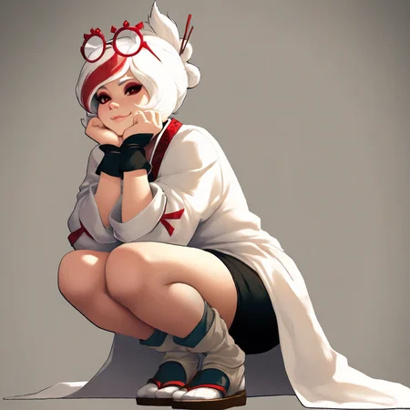 masterpiece, best quality, absurdres, 1girl,prhacn11, red-framed glasses, eyewear on head, red eyes, white hair, streaked hair, white coat, black shirt, black skirt, red trim, black cuffs, hair sticks,grey socks, sandals, squatting, chin rest, smile, lips, looking at viewer <lora:prhac_n11:1>  <lora:ickp_n11:0.8>