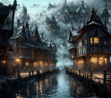 RAW photo, (masterpiece:1.3), subsurface scattering, heavy shadow, (high quality:1.4), (intricate, high detail:1.2), professional photography, HDR, High Dynamic Range, realistic, ultra realistic, photorealistic, high resolution, film photography, ambient lighting, atmospheric effects, <lora:detail_slider_v4:2>, OverallDetail, DarkFantasy, <lora:Laketown:1>, laketown, a (shabby) village in a lake, old, derelict, small wooden huts, dirt, water, dark, fog,
