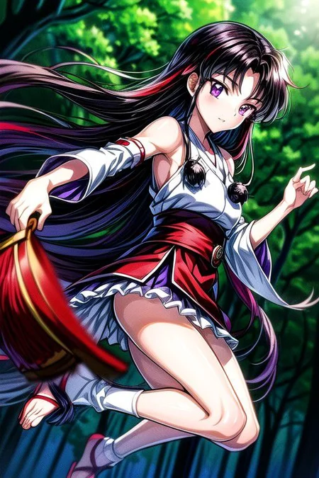 masterpiece, best quality 1girl Setsun4 solo long hair, (night time) forest background black hair very long hair purple eyes multicolored hair armor (fur trim) (medium body),<lora:EMS-179-EMS:0.800000>,<lora:EMS-293862-EMS:0.800000>ascot, bare shoulders, black footwear, detached sleeves, embellished costume, frills, japanese clothes, nontraditional miko, red skirt, sandals, sarashi, skirt, socks, armor, miko