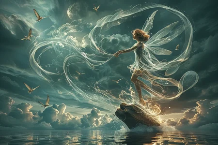 Close up photo of a ((wind fairy)) gliding the cloud, reflections in the water, night scene. in the style of double exposure, Art Nouveau, long exposure, layered lines, chiaroscuro, absurdres, Long_Exposure ral-exposure, <lora:ral-exposure-sdxl:0.700000>