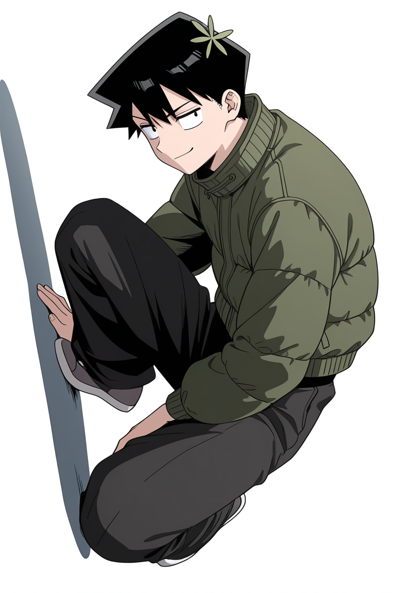 Smooth Quality,masterpiece,very intricate, high quality details, ultra realistic, high detailed skin,detailed enviorement,
simple background, white background, 
sideways,smirk,crouching, one hand on ground, other on knee, intense gaze, balanced stance,  ,
 <lora:Tadano_Hitohito_cnn:0.8> 
tadanohitohitocnn, tadanocnn,1boy,black hair, short hair, black eyes, hair flower,
puffer jacket,  ,harem pants,