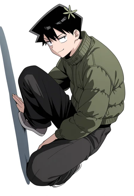 Smooth Quality,masterpiece,very intricate, high quality details, ultra realistic, high detailed skin,detailed enviorement,
simple background, white background, 
sideways,smirk,crouching, one hand on ground, other on knee, intense gaze, balanced stance,  ,
 <lora:Tadano_Hitohito_cnn:0.8> 
tadanohitohitocnn, tadanocnn,1boy,black hair, short hair, black eyes, hair flower,
puffer jacket,  ,harem pants,