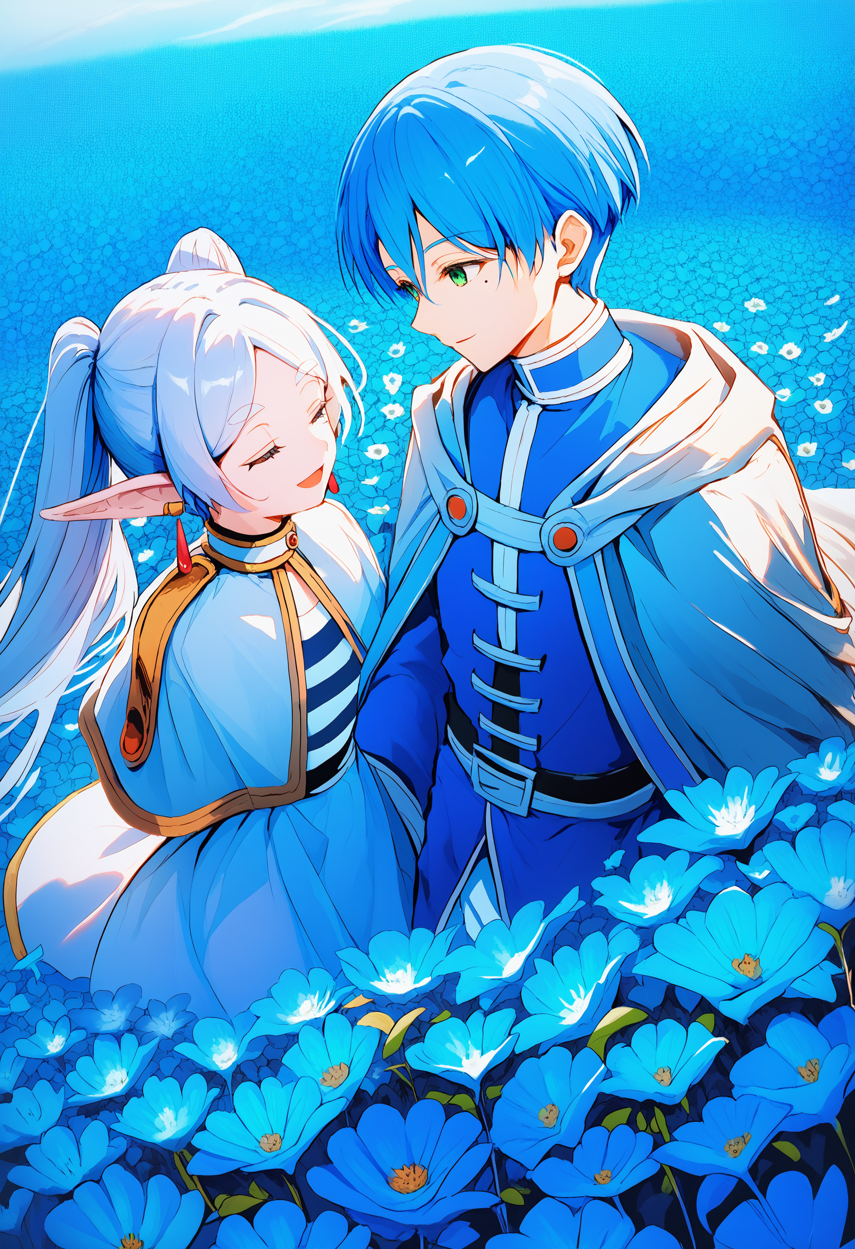 himmel \(sousou no frieren\), 1girl, frieren, pointy ears, elf, 1boy, blue hair, jewelry, flower, earrings, long hair, green eyes, capelet, short hair, white capelet, striped shirt, closed eyes, mole under eye, twintails, blue flower, striped clothes, cloak, long sleeves, mole, smile, flower field, white hair, shirt, dress, open mouth, looking at another, hetero, field, parted bangs, white skirt ,<lora:fantasy_superlora_v1:1> score_9, score_8_up, score_7_up, score_6_up, absurdres, masterpiece, best quality, very aesthetic