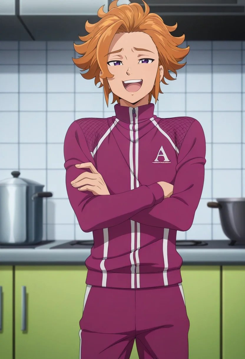 masterpiece, best quality, intricate details, anime screencap, anime coloring, official style, , 1boy, solo, male focus, <lora:arthur_pendragon_ilxl:1>, arthur_pendragon, orange hair, purple eyes, short hair, focused, kitchen, noon, crossed arms, laughing, Slim-fit track pants, Mesh jersey, , , and