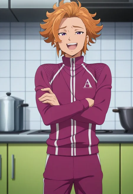 masterpiece, best quality, intricate details, anime screencap, anime coloring, official style, , 1boy, solo, male focus, <lora:arthur_pendragon_ilxl:1>, arthur_pendragon, orange hair, purple eyes, short hair, focused, kitchen, noon, crossed arms, laughing, Slim-fit track pants, Mesh jersey, , , and