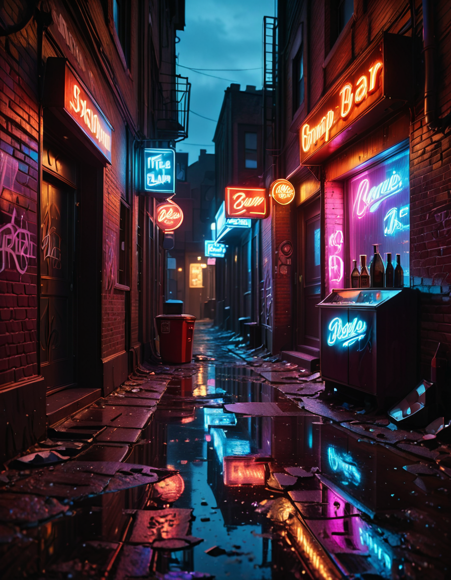 A highly detailed and realistic photograph of a dark alleyway behind a bar at night. The narrow passage is dimly lit by a flickering neon sign casting a moody red and blue glow onto the wet pavement. The walls are made of old, weathered brick covered in graffiti, with metal fire escapes zigzagging above. Trash bags and discarded crates are scattered along the alley, and a few puddles reflect the neon lights, adding depth to the scene. A single, dented metal door with a small, barred window leads into the back of the bar, with a faint warm light seeping through the cracks. The air is thick with mist, and the distant hum of the city is broken only by the occasional drip of water from a rusted drainpipe. A sense of mystery and urban grit fills the atmosphere, evoking a cinematic, noir-style aesthetic.
<lora:SDXLFaeTastic2400:0.4> <lora:extremely_detailed:0.4> extremely detailed, <lora:all3yway-ill:1>,all3yway, Masterpiece,best quality,hi res,8k,hi res,8k,award winning,(sharp focus, intricate, highly detailed),