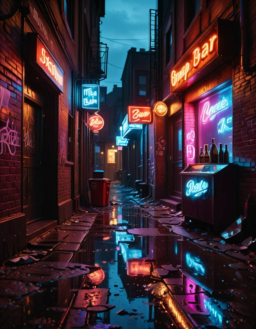 A highly detailed and realistic photograph of a dark alleyway behind a bar at night. The narrow passage is dimly lit by a flickering neon sign casting a moody red and blue glow onto the wet pavement. The walls are made of old, weathered brick covered in graffiti, with metal fire escapes zigzagging above. Trash bags and discarded crates are scattered along the alley, and a few puddles reflect the neon lights, adding depth to the scene. A single, dented metal door with a small, barred window leads into the back of the bar, with a faint warm light seeping through the cracks. The air is thick with mist, and the distant hum of the city is broken only by the occasional drip of water from a rusted drainpipe. A sense of mystery and urban grit fills the atmosphere, evoking a cinematic, noir-style aesthetic.
<lora:SDXLFaeTastic2400:0.4> <lora:extremely_detailed:0.4> extremely detailed, <lora:all3yway-ill:1>,all3yway, Masterpiece,best quality,hi res,8k,hi res,8k,award winning,(sharp focus, intricate, highly detailed),