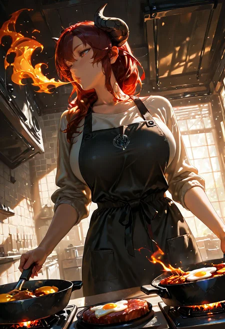 Smooth Quality, 1girl, solo, mature, dragon girl, dragon horns, cooking, frying pan, meat, fried egg, breathing fire on food, blowing, burning, indoors, kitchen, cowboy shot, dynamic angle, <lora:SmoothMix_Illustrious_v2:1> <lora:Smooth_Booster:0.5> <lora:Smooth_Lighting_Enhancer:0.5>