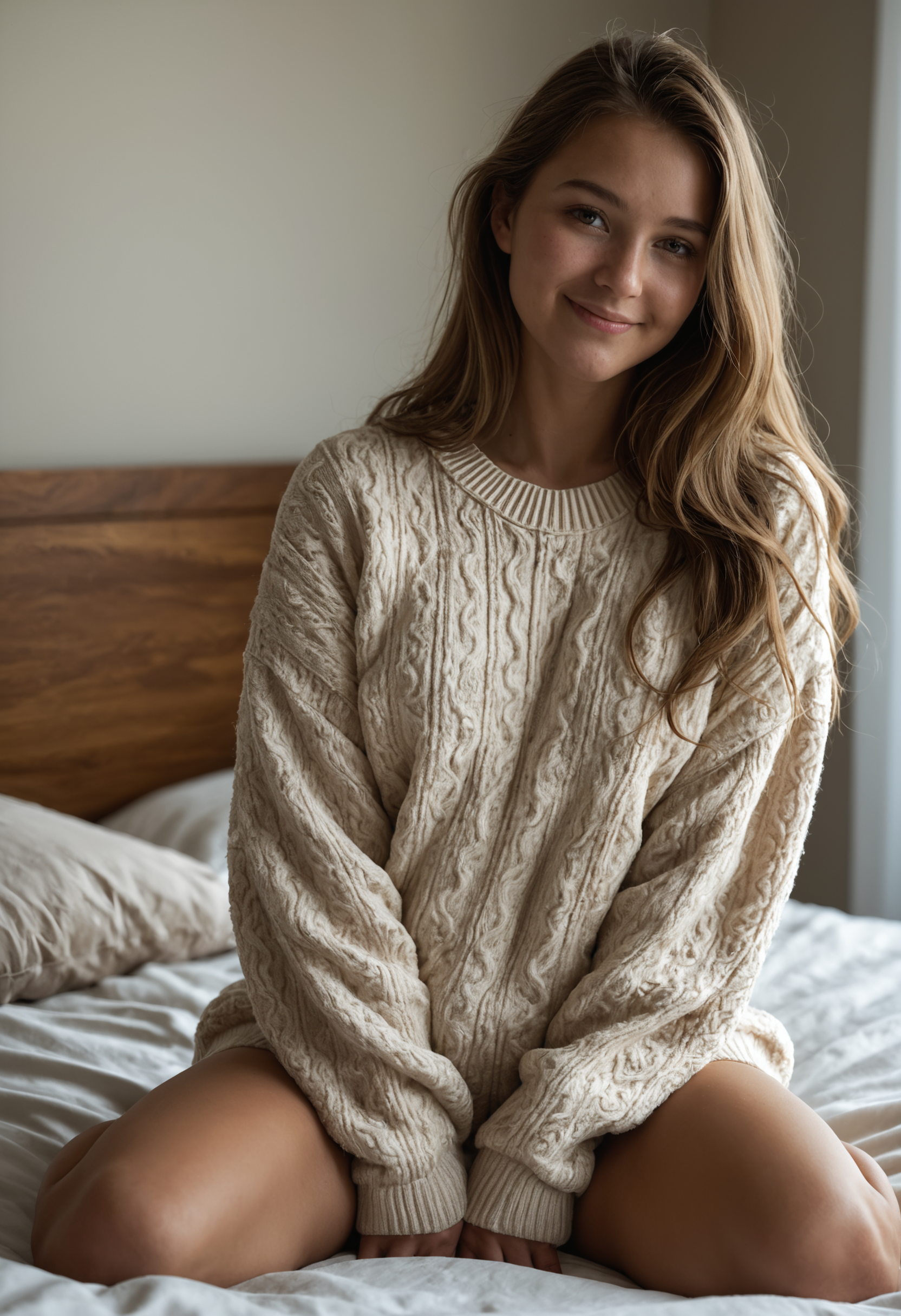 masterpiece, best quality, ultra realistic, soft lighting, natural skin, cute girl, long hair, cozy sweater, sitting on a bed, hugging knees, soft smile, bedroom, warm lighting, casual pose, subtle expression, engaging eyes, depth of field
