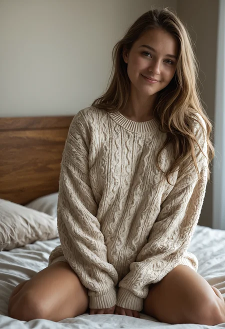 masterpiece, best quality, ultra realistic, soft lighting, natural skin, cute girl, long hair, cozy sweater, sitting on a bed, hugging knees, soft smile, bedroom, warm lighting, casual pose, subtle expression, engaging eyes, depth of field

