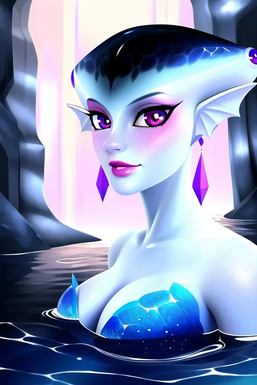 masterpiece, best quality, a portrait of princess ruto, fantasy, water, ruto, slim, breasts, realistic, blue skin, zora, 1girl, earrings, fin, fish girl, fin ears, purple eyes, solo, upper body