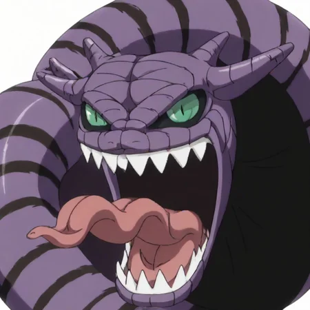 score_9, score_8_up, score_7_up, source_cartoon, cel shading, fca style, Naruto_Manda, snake, slit pupils, green eyes, purple body, body markings, black eye markings, 2 pair of horns, black belly scales,
one_piece_funny_face, eye pop, snot, sharp teeth, eyes vein lines, open mouth, tongue out, long tongue