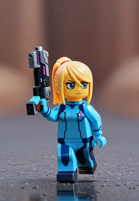 masterpiece, best quality, 1girl, solo,lmfstyle, figure, lego minifig, lego minifigure, toy figure, plastic texture, colored skin, yellow skin, chibi, realistic background, samus aran, zero suit, holding gun, looking to the side