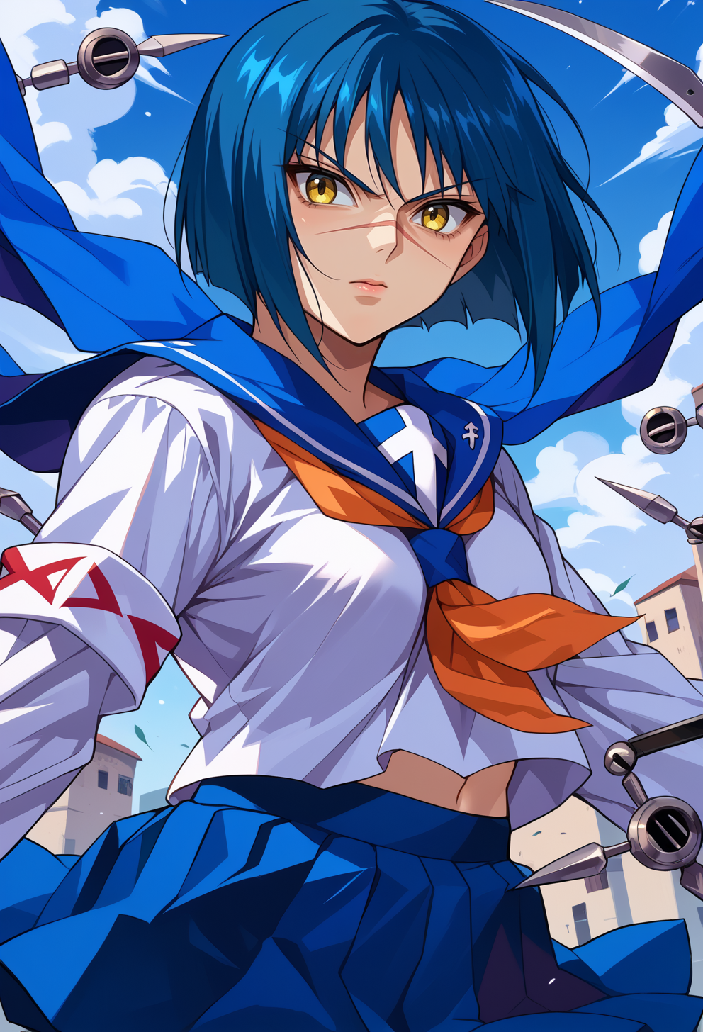 score_9, score_7_up, source_anime, BREAK <lora:Tokiko:1> AETokiko, yellow eyes, blue hair, bob cut, short hair, scar on nose, school uniform, serafuku, neckerchief, armband, long sleeves, blue skirt, pleated skirt, dual wielding,  valkyrie skirt,