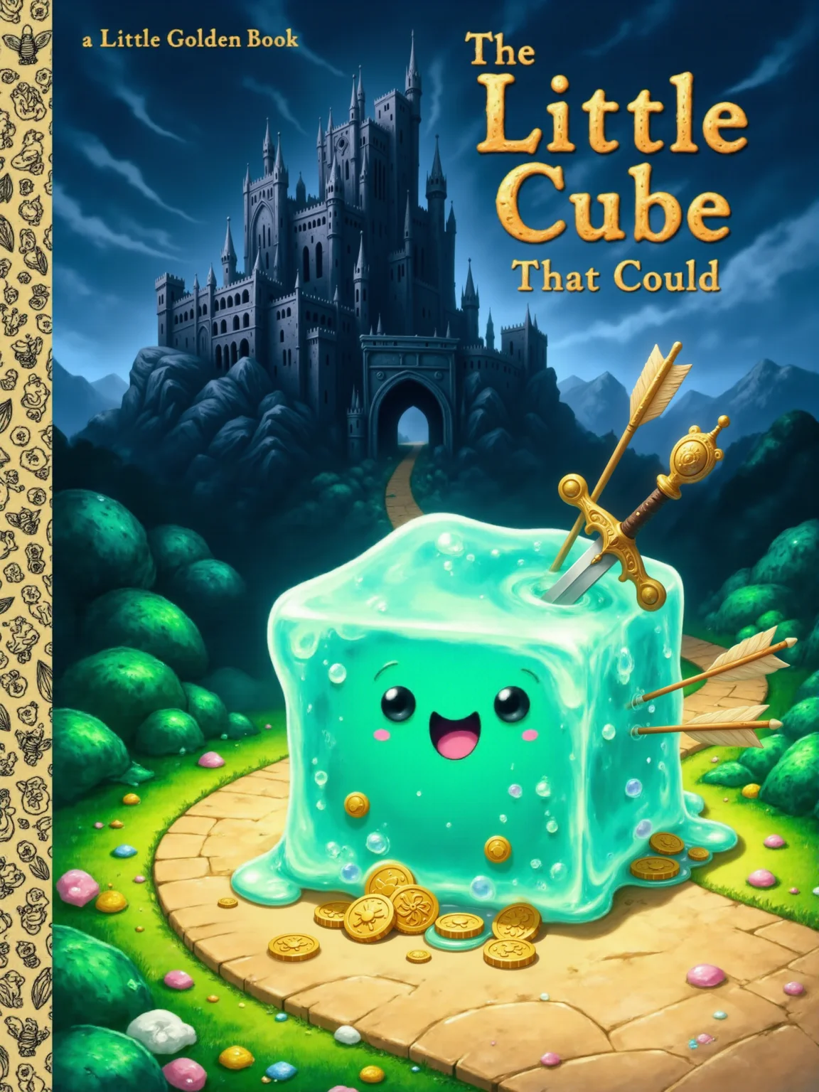 the front cover of a book in the "a Little Golden Book" series titled "The Little Cube That Could", "a Little Golden Book" is written in cursive in golden letters in the upper left, the cover depicts a blissfully happy little cyan anime-style gelatinous cube on a winding path at the base of a towering mountain, atop the mountain sits a dark, ominous gothic castle with tall, jagged spires and a looming portcullis, the cube is semi-transparent with a beautiful ornate sword and a bunch of arrows lodged in its side, gold coins and sparkling jewels are suspended within its gooey, translucent body, the foreground is bright and cheerful, featuring lush green grass, colorful wildflowers, and soft sunlight, but as the path leads upward, the background shifts to dark, foreboding tones, with twisted trees and shadowy skies, creating a contrast between the joyful innocence of the cube and the unsettling mystery of the castle <lora:gelatinous_cube-flux-by_oneviolentgentleman:1.0> <lora:style-little_golden_book-flux-by_darmox:0.84>