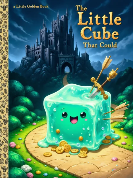 the front cover of a book in the "a Little Golden Book" series titled "The Little Cube That Could", "a Little Golden Book" is written in cursive in golden letters in the upper left, the cover depicts a blissfully happy little cyan anime-style gelatinous cube on a winding path at the base of a towering mountain, atop the mountain sits a dark, ominous gothic castle with tall, jagged spires and a looming portcullis, the cube is semi-transparent with a beautiful ornate sword and a bunch of arrows lodged in its side, gold coins and sparkling jewels are suspended within its gooey, translucent body, the foreground is bright and cheerful, featuring lush green grass, colorful wildflowers, and soft sunlight, but as the path leads upward, the background shifts to dark, foreboding tones, with twisted trees and shadowy skies, creating a contrast between the joyful innocence of the cube and the unsettling mystery of the castle <lora:gelatinous_cube-flux-by_oneviolentgentleman:1.0> <lora:style-little_golden_book-flux-by_darmox:0.84>