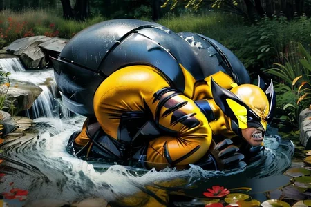 (pooltoy:0.8), floating on pond, canadian wilderness  masterpiece ,best quality, side view, full body, sideview, short, (wolverine costume), wolverine mask, butch, solo, claws superhero, breasts
