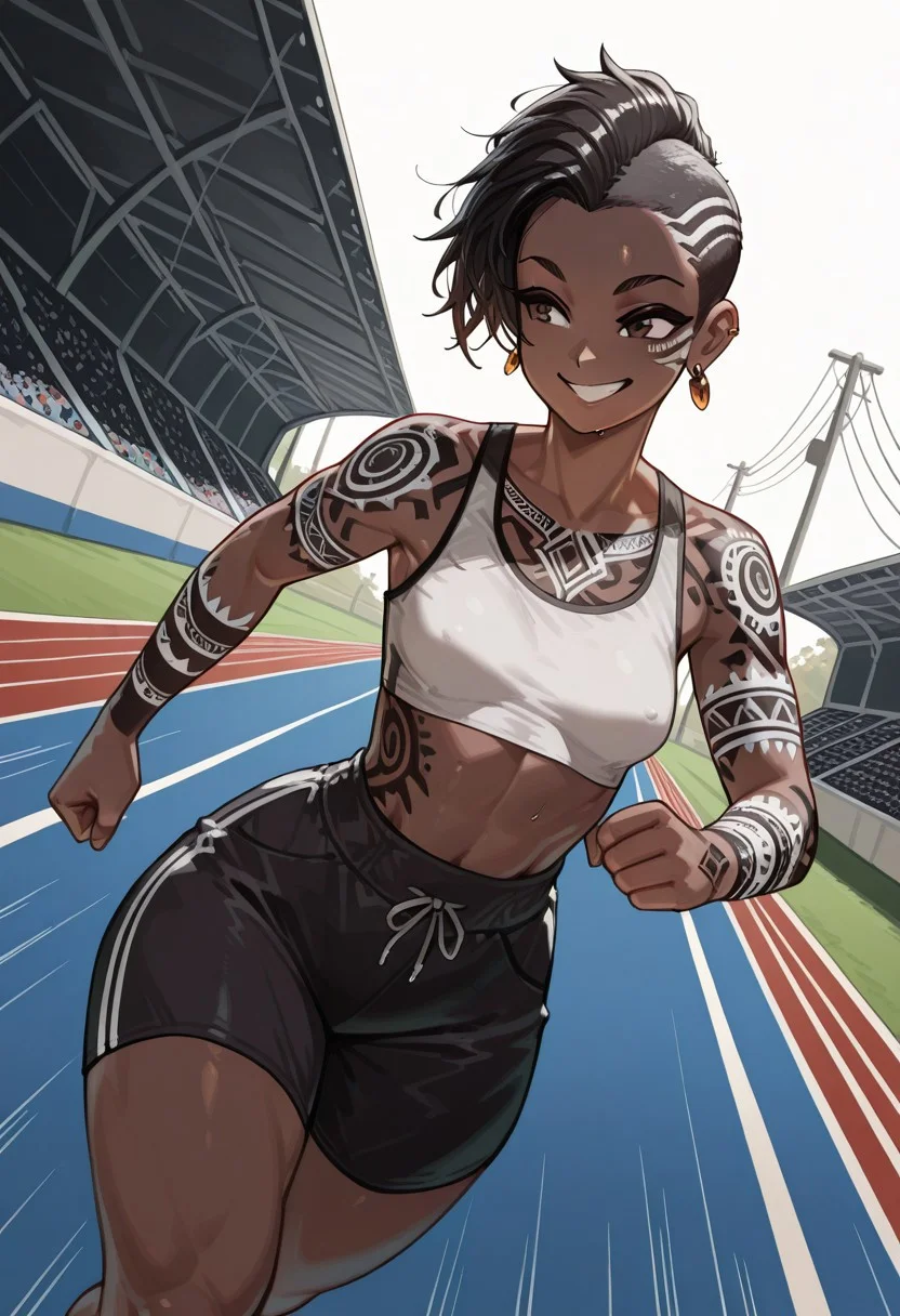 masterpiece, best quality, 32k, high resolution, absurdres, Ayana, AyanaRH, 1girl, black girl, adult girl, african girl, very short hair, side cut, mohawk, cute face, tomboy, brown eyes, small perky breasts, perfect body, large hips, thin waist, tribal tattoos, earrings, black tattoos, white tattoos, smiling, running, dynamic shot, track field, sports bra, shorts, Dutch angle, speed lines,