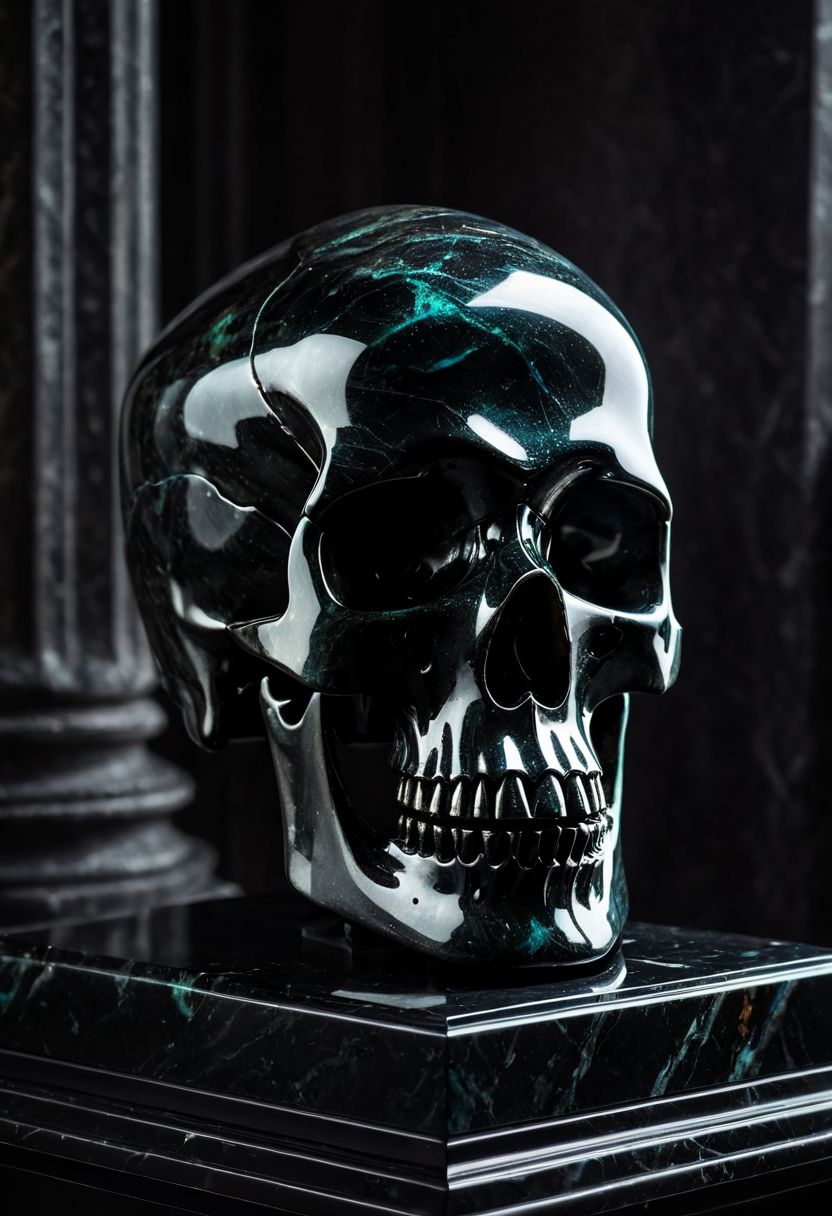 Fujifilm XT3, Sony A7 IV, (award winning photography) a (black: 0.89) marble skull (elongated cranium: 1.29) made of opal set on a pedestal in temple, glistening. in the background beautiful pillars, divine (iridescent: 0.79), opalescent textures, volumetric light, ethereal, sparkling, studio photo, highly detailed, sharp focus (highest quality: 1.39) (highest coherency: 1.39) (award winning photography), highly detailed photography, (muted colors, cinematic, dim colors, soothing tones:1.2), vibrant, insanely detailed, hyperdetailed, (dark shot:1.2), (vsco:0.3), (intricate details:0.9), (hdr, hyperdetailed:1.2) (vignette), sss