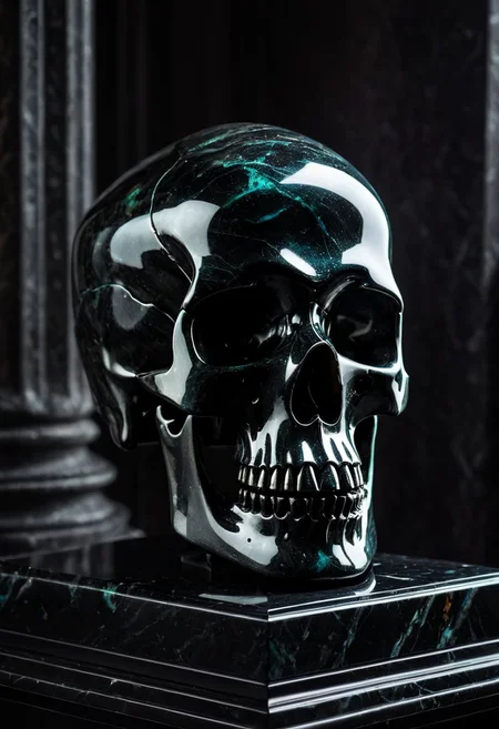 Fujifilm XT3, Sony A7 IV, (award winning photography) a (black: 0.89) marble skull (elongated cranium: 1.29) made of opal set on a pedestal in temple, glistening. in the background beautiful pillars, divine (iridescent: 0.79), opalescent textures, volumetric light, ethereal, sparkling, studio photo, highly detailed, sharp focus (highest quality: 1.39) (highest coherency: 1.39) (award winning photography), highly detailed photography, (muted colors, cinematic, dim colors, soothing tones:1.2), vibrant, insanely detailed, hyperdetailed, (dark shot:1.2), (vsco:0.3), (intricate details:0.9), (hdr, hyperdetailed:1.2) (vignette), sss