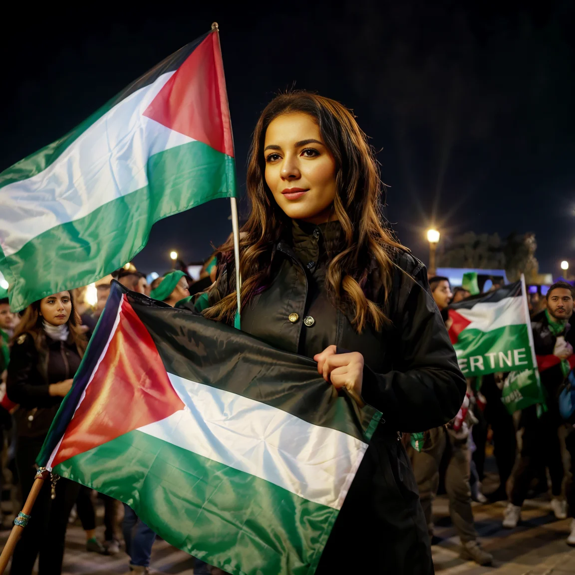 a woman holding Palestine_flag,<lora:PalestineFlag03-000008:1>,